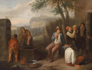 A Southern Landscape With Country People Drinking At A Well by Norbert van Bloemen
