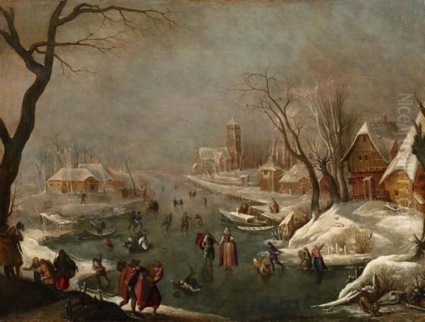 Winterlandschaft Mit Zugefrorenem Kanal Und Schlittschuhlaufern - view 1