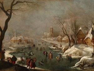 Winterlandschaft Mit Zugefrorenem Kanal Und Schlittschuhlaufern by Adam van Breen