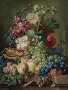 Still Life Of Flowers And Fruits On A Marble Ledge