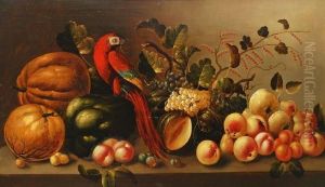 Still Life Of Fruit And A Parrot On A Stone Ledge