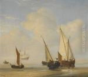 A Smalschip With Sail Set 
At Anchor Close To The Shore And A Boeier Laid Ashore