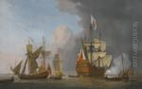 The Royal Sovereign Firing A 
Single Cannon With A Royal Yacht In A Light Air, Longboats And Other 
Men-of-war And Shipping On A Calm Sea With Land Beyond To The Left - view 1