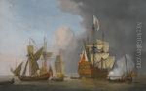 The Royal Sovereign Firing A
Single Cannon With A Royal Yacht In A Light Air, Longboats And Other
Men-of-war And Shipping On A Calm Sea With Land Beyond To The Left by Willem van de, the Elder Velde