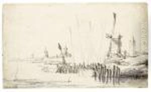 Estuary Scene With Windmills And Church Towers by Willem van de, the Elder Velde