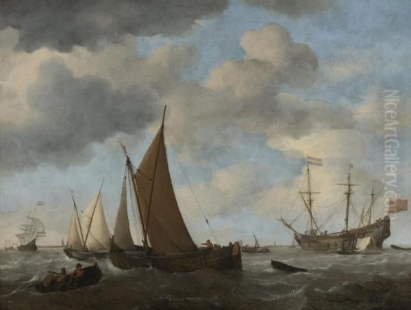 A Smalschip Close-hauled In A Fresh Breeze And A Ship At Anchor Off The Dutch Coast - view 1