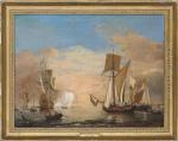 An English Galliot Close In To
The Shore With An English Flagship Firing A Salute As She Arrives At The
Nore Indistinctly - view 1