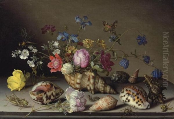 Flowers, Shells And Insects On A Stone Ledge - view 1