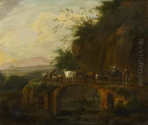 Italian Landscape With Cowherds On An Old Roman Bridge by Harmenszoon van Rijn Rembrandt