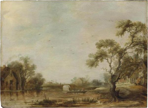 A River Landscape With A
Village, Figures Crossing In A Ferry By A Bridge, A Church Beyond - view 1
