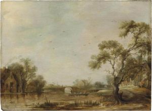 A River Landscape With A
Village, Figures Crossing In A Ferry By A Bridge, A Church Beyond A River Landscape With A
Village, Figures Crossing In A Ferry By A Bridge, A Church Beyond