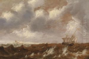 Dutch Vessels In A Choppy Sea by Pieter Van Der Croos