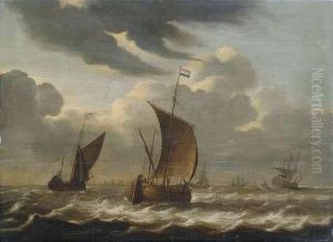 Segelschiffe In Sturmischer See Unter Bewolktem Himmel by Pieter Van Der Croos