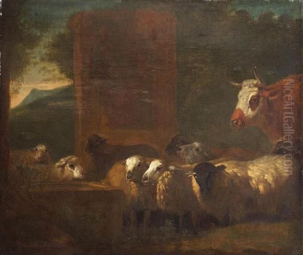 Un Troupeau De Moutons Et Une Vache Pres De L'abreuvoir - view 1
