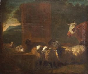 Un Troupeau De Moutons Et Une Vache Pres De L'abreuvoir by Jacob Van Der Does I