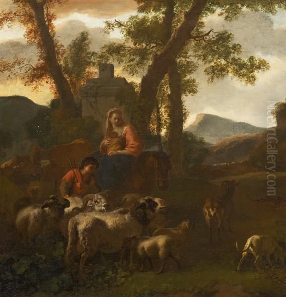Family Of Shepherds With Their Herd In An Open Campanian Landscape - view 1