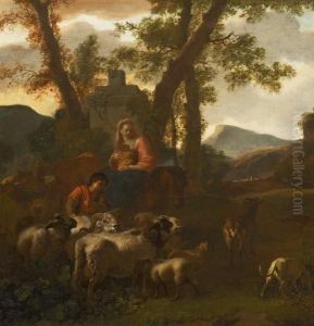 Family Of Shepherds With Their Herd In An Open Campanian Landscape