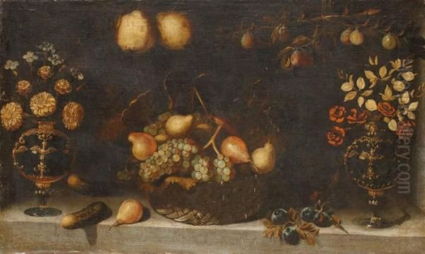 Panier De Fruits Et Vases De Fleurs - view 1