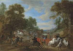A Wooded Landscape With A Coach Being Ambushed In A Clearing by Adam Frans van der Meulen