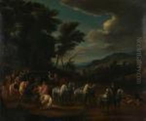 Ontmoet Ruitergezelschap In Bosrijk, Heuvelachtig Landschap by Adam Frans van der Meulen