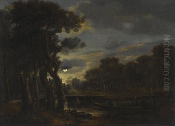 A Wooded River Landscape By Moonlight, With Figures On A Boat, A Village Beyond by Aert van der Neer