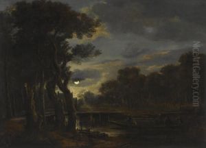 A Wooded River Landscape By Moonlight, With Figures On A Boat, A Village Beyond by Aert van der Neer
