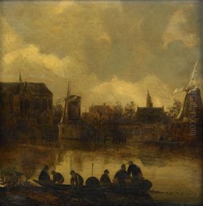 Kanalscen Med Figurer I Bat by Cornelis Symonsz. Van Der Schalcke