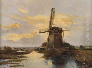 Windmill In A Landscape, Holland by Petrus van der Velden
