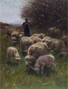 Shepherdess And Sheep by Hermann Johannes Van Der Weele