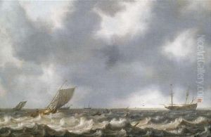 Segelschiffe In Aufgewuhlter See Unter Bewolktem Himmel by Willem van Diest