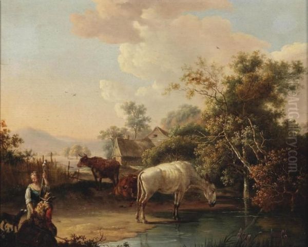 A Hilside Landscape With Figures And Cattle On A Path, A Farmhouse In The Distance - view 1