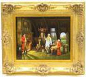 Two British Redcoats And 
Horseman Socializing With Pipe-smoking Tavern Keeper In Colonial 
Ordinary