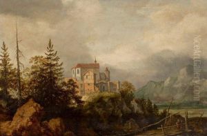 Promeneurs Et Ruines Dans Un Paysage De Montagne