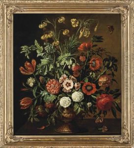 Carnations, Roses, Poppies,
Tulips, Narcissi And Other Flowers In A Sculpted Vase On A Ledge, With A
Butterfly by Jan Van Huysum