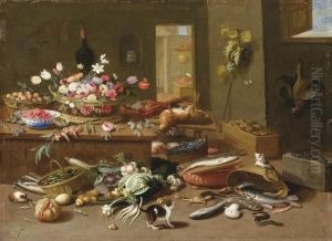 I A Basket Of Flowers And Bowl Of Strawberries On A Wooden Table