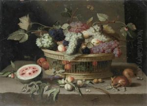 A Basket Of Grapes, Plums And 
Peaches, With A Melon And A Squirrel Eating Nuts On A Stone Ledge; And A by Jan van Kessel