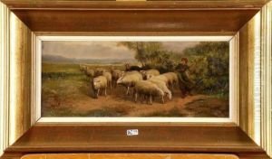 Bergere Et Son Troupeau by Jef Louis Van Leemputten