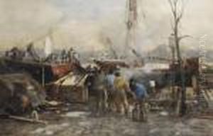 Figures On An Quay In The Harbour Of Rotterdam by Johann Hendrik Van Mastenbroek