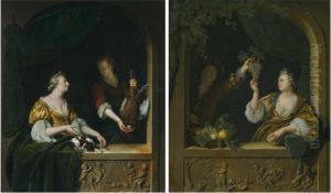 A Poultry Seller; 
 A Gentleman Offering A Lady A Bunch Of Grapes by Willem Van Mieris Leiden
