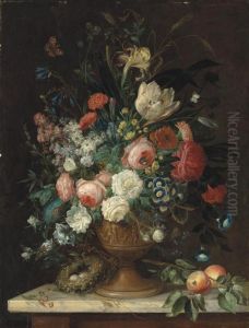 Roses, Tulips, Carnations, 
Morning Glories, Irises And Other Flowers In A Relief Vase, A Bird's 
Nest With Eggs And Peaches On A Marble Topped Table, With A Peacock 
Butterfly, A Brimstone, A Bumble-bee And Other Insects