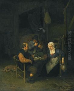 An Interior With Two Boors And A Woman Conversing, Smoking And Drinking At A Table by Adriaen Jansz. Van Ostade