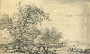 A Shepherd And His Flock Approaching Farm Buildings Among Trees by Jacob Van Ruisdael