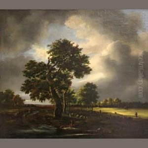 Shepherds With Their Flock In A Landscape by Jacob Van Ruisdael