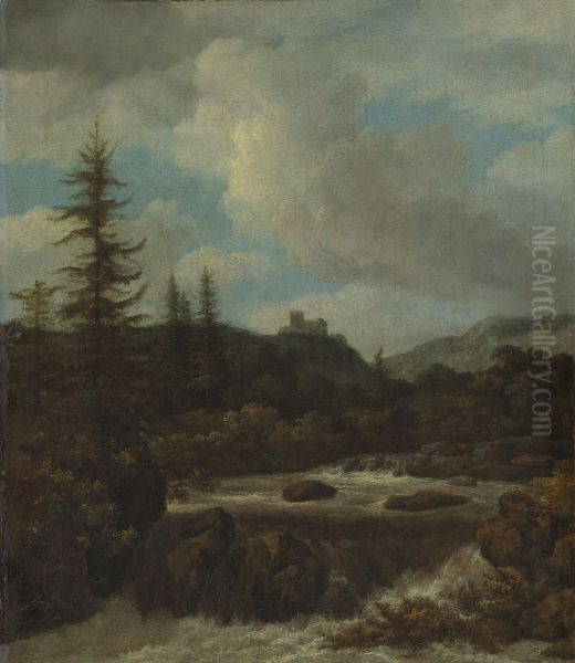 Landscape With A Waterfall Near A Castle - view 1