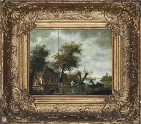 A River Landscape With Washerwomen, A Figure In A Rowing Boat - view 1