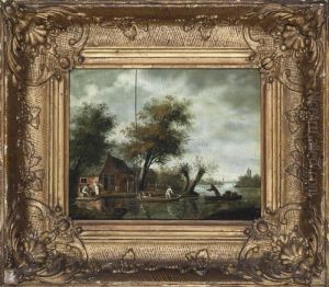 A River Landscape With Washerwomen, A Figure In A Rowing Boat by Salomon van Ruysdael