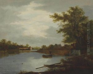 A River Landscape With A Man Steering A Boat, A Windmill Beyond by Salomon van Ruysdael