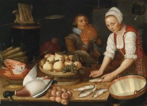 A Large Kitchen Still Life With A Maid And A Gentleman by Pieter Cornelisz. Van Ryck