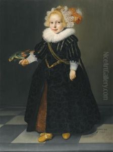Portrait Of A Child, Aged 2¼, Full-length Standing In An Interior, Holding A Parrot by Dirck Verhaert