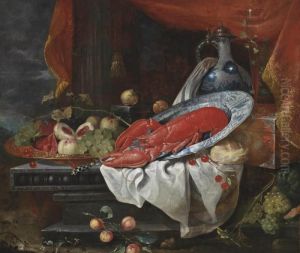 Peaches, Plums And Grapes In A
Gilt Charger, A Lobster On A Porcelain Plate, A Porcelain Jug, A Facon
De Venise Glass, Cherries, A Loaf Of Bread And Lemons On A Partly-draped
Ledge, A Landscape Beyond by Joris Van Son